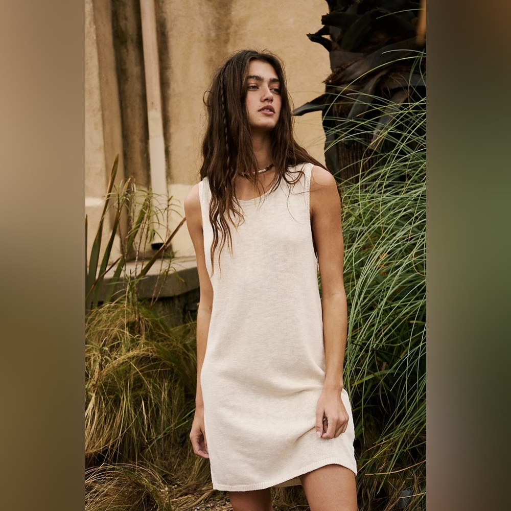 Free People cream cotton linen blend knit dress sleeveless casual beach style S
